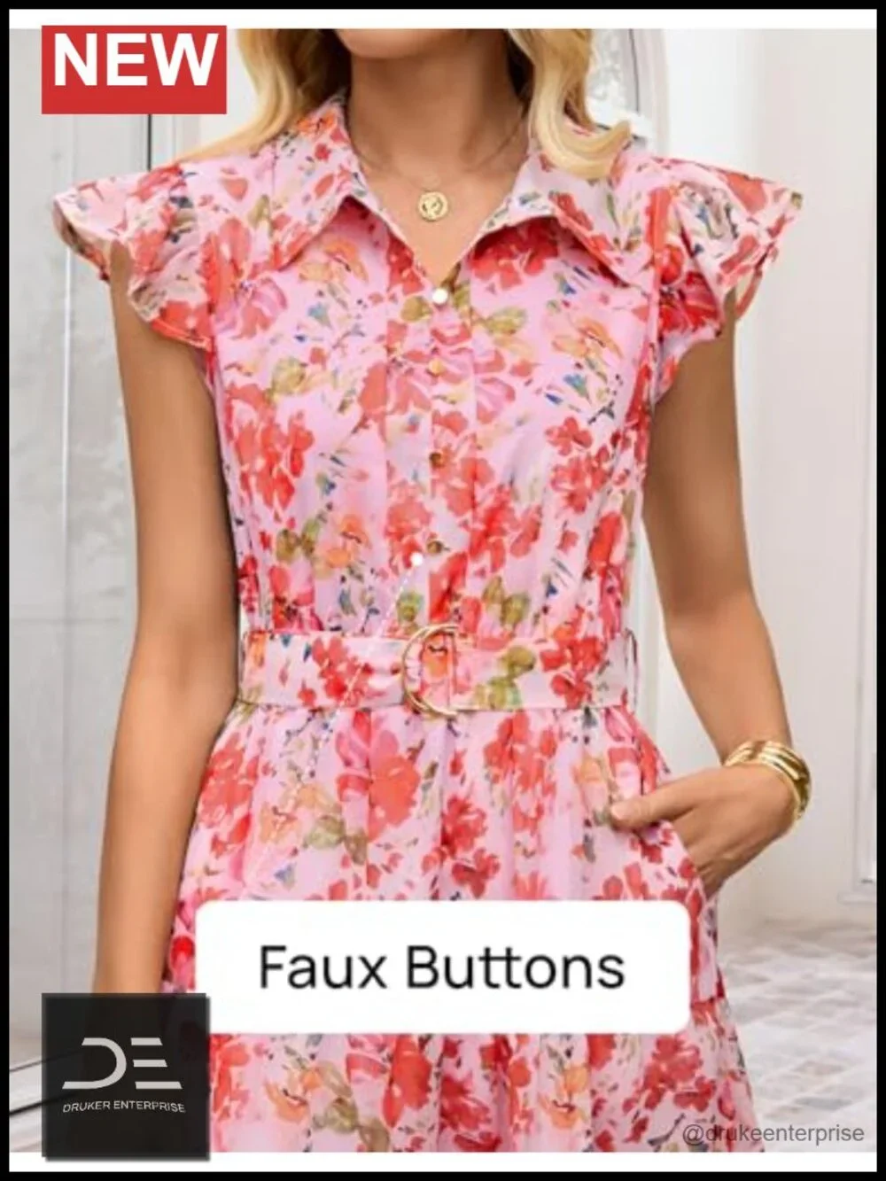 Floral Flutter Short Sleeve Chiffon Midi Dress with Belt